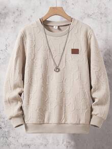 SHEIN 青少年男孩休閒字母壓紋圓領運動衫 - 卡其色 - 查看 1