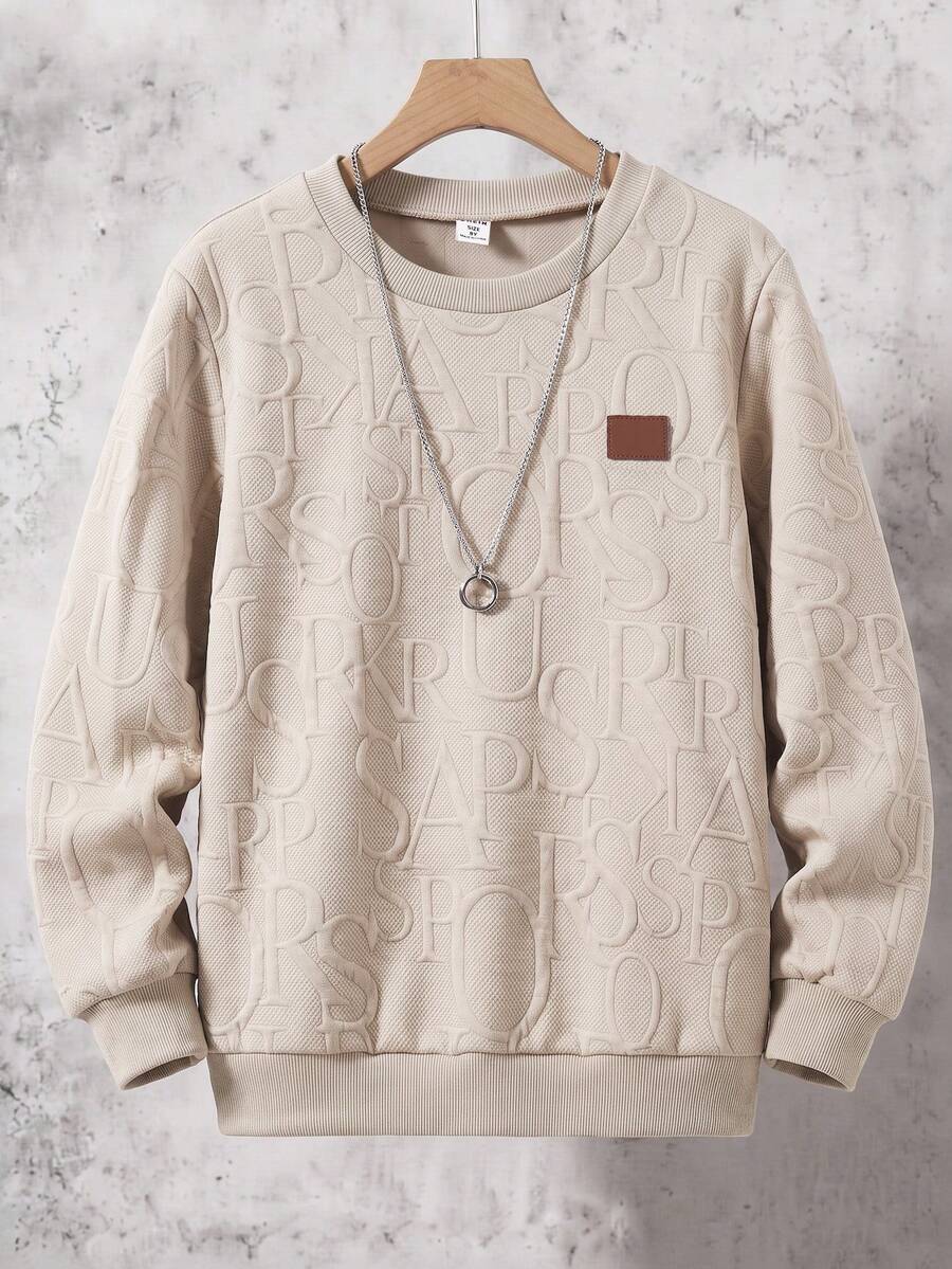 SHEIN 青少年男孩休閒字母壓紋圓領運動衫 - 卡其色 - 查看 1
