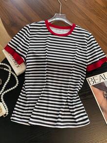 SHEIN Plus Size Summer Casual Striped T-Shirt And Pants 2 Pieces Set Brunch Sports White Red - Multicolor - View 5