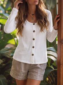 SHEIN LUNE Women's Solid Color Button Design Round Neck Long Sleeve Casual T-Shirt - White - View 4
