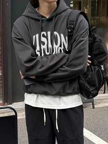 DAZY Autumn/Winter Thermal Lined Dark Gray & White Letter Print Loose Fit Cropped Hoodie For Men - Dark Grey - View 5