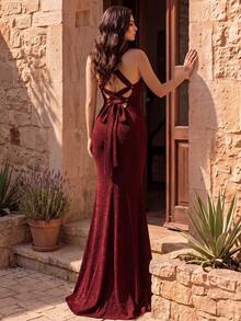 Coutiva Women's Solid Color V-Neck Elegant Waist-Cinched Evening Dress - Red - View 1