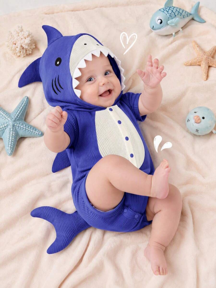 SHEIN Newborn Cute Shark 3D Embroidered Short Sleeve Hooded Bodysuit - Blue - View 1