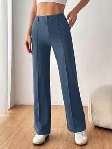 SHEIN EZwear Women's Solid Straight Suit Pants In Fall/Winter - Dusty Blue - View 4