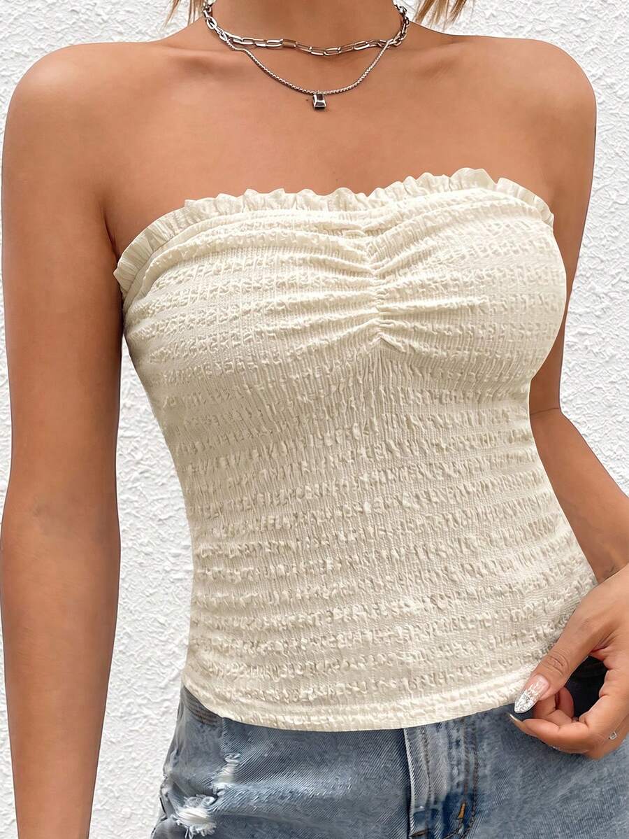 SHEIN EZwear 杏色女款度假風百褶荷葉邊飾抹胸上衣 - 杏色 - 查看 1