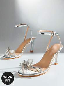 SHUZIA Women's Wide-Fit Minimalist Fashion Comfy Round Toe Floral Decor Stiletto Heel Sandals - Metallic Silver - View 6