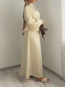 Solavon Women's Elegant Modest Casual Vacation Two Pieces Set Beige Textured Pleated Woven Design Includes Long-Sleeved Bubble-Sleev Brunch Autumn - Light Yellow - View 6