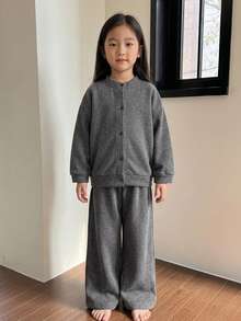 DAZY Setelan Pakaian Santai 2 Potong untuk Anak Perempuan: Atasan Longgar Leher Bulat Lengan Panjang Kasual Musim Gugur + Celana Panjang Lurus - Dark Grey - View 7