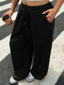 Dazy Plus Celana Jogging Kasual Streetwear Warna Polos dengan Pinggang Elastis dan Kaki Lebar, Warna Hitam, Panjang, Formal, untuk Musim Panas dan Olahraga. - Hitam - View 9