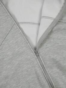 INAWLY Plus Size Women's Solid Color Drop Shoulder Long Sleeve Zipper Front Drawstring Hooded Sweatshirt - Light Grey - View 4
