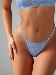 MISSGUIDED Heart Print Lace Trim Bralette And Thong Lingerie Set With Scalloped Lace Detail And Adjustable Straps - Blue and White - View 7