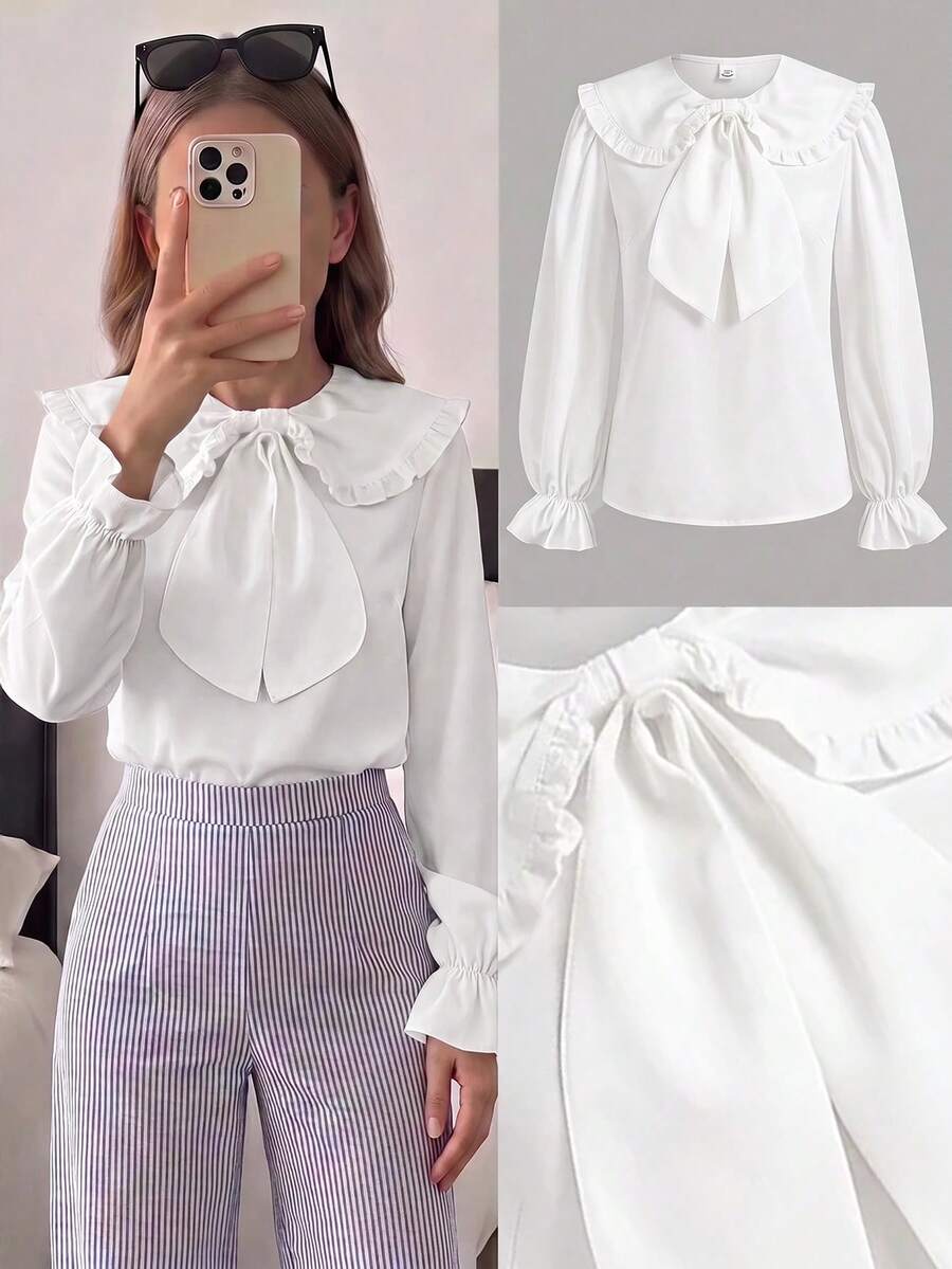 SHEIN Teen Girl Loose Casual Minimalist Comfortable Ruffle Bow Tie Strap Blouse Back To School - White - View 1