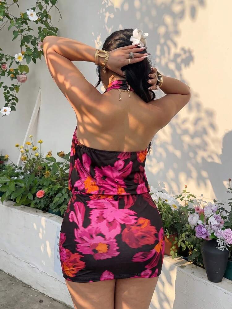 GalTyme Plus Size Women's Spring/Summer Vacation Floral Print Fashion Halter Neck Dress - Multicolor - View 2