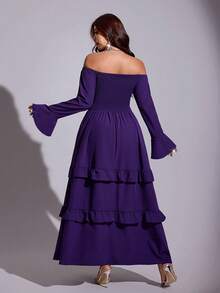 Viva Relle Gaun Wanita Ukuran Besar Warna Ungu Gaya Prancis Romantis Elegan Lengan Lonceng Multi-Cara Pakai Patchwork Ruffle Lengan Panjang Bertingkat Model Kue Musim Gugur - Purple - View 3