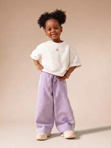 SUMWON Girls Oversized Fresh Bakery Graphic Back Print T-Shirt And Wide Leg Textured Lavender Pant Co-Ord Set - Lilac Purple - View 3