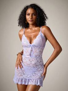 DreamPoppy Women's Sexy Lace Patchwork Lingerie 2pcs Set - Purple - View 5