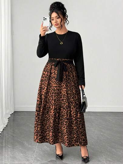 SHEIN Elenzya Plus Size Elegant Knit & Woven Patchwork Leopard Print Long Sleeve Round Neck Bow Tie Long Dress