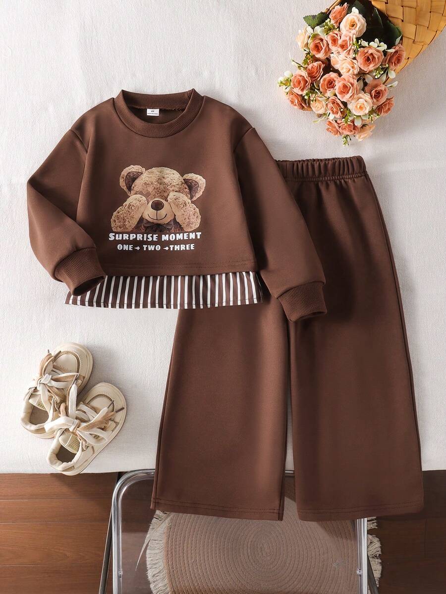 Elladie kids 女童韓系活力寬鬆灰色花卉衛衣 2合1蝴蝶結圖案兩件套 秋季 - 咖啡棕 - 查看 1