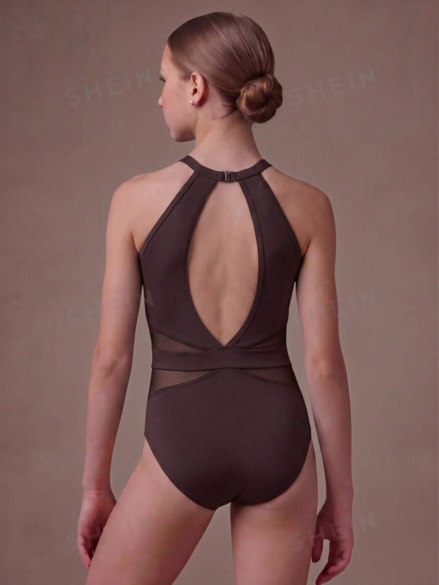 SHEIN 女童經典深棕色芭蕾舞連身衣,精緻高領網布拼接,優雅端莊運動連身款式,適用舞蹈課、考試、健身房與運動 - 棕色 - 查看 1