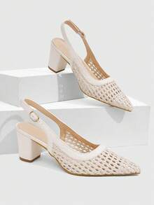 CUCCOO SZL Women's Fashion Pointed-Toe Woven Hollow Shoes Are Suitable For Summer Dating Party Style Commuter Thick High-Heeled Shoes - Apricot - View 1