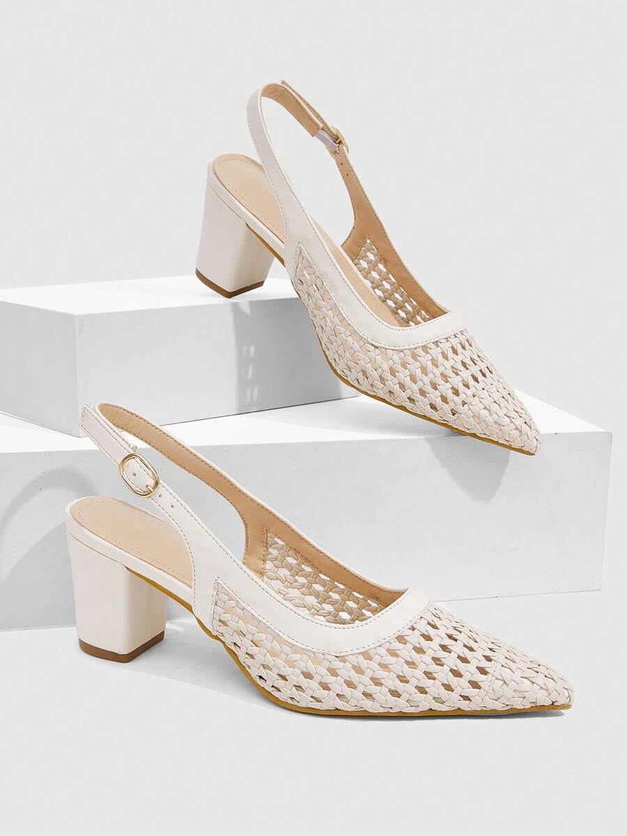 CUCCOO SZL Women's Fashion Pointed-Toe Woven Hollow Shoes Are Suitable For Summer Dating Party Style Commuter Thick High-Heeled Shoes - Apricot - View 1