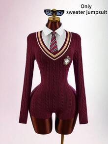 Amplova Women's Preppy V-Neck Cinched Waist Ultra Short Mini Romper - Burgundy - View 1
