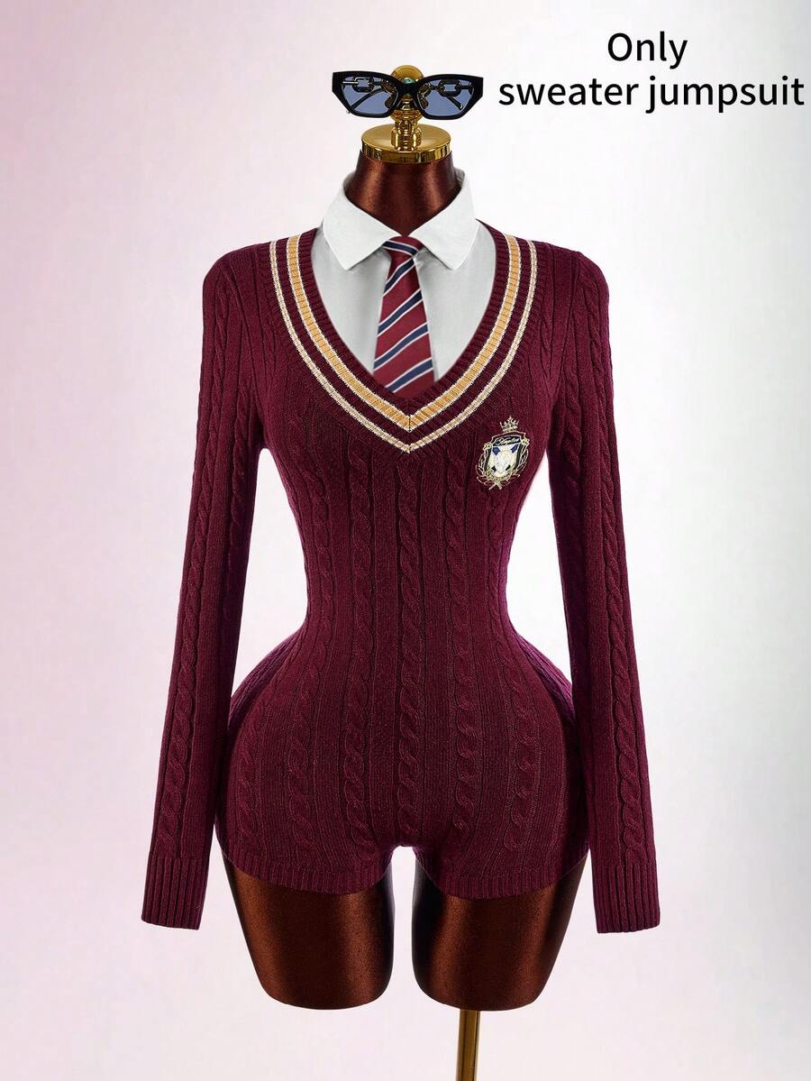 Amplova Women's Preppy V-Neck Cinched Waist Ultra Short Mini Romper - Burgundy - View 1
