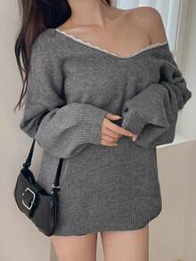 DAZY Sweater Rajut Kasual Lengan Panjang Leher V Longgar dengan Pita Besar dan Renda Warna Kontras Patchwork untuk Wanita, Musim Gugur/Dingin - Grey - View 4