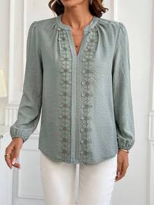 SHEIN Clasi Women's Elegant Romantic Decorative Ribbon Long Sleeve Blouse Teachers' Day Office Tea Party Sage Green Floral Summer - Green - View 6