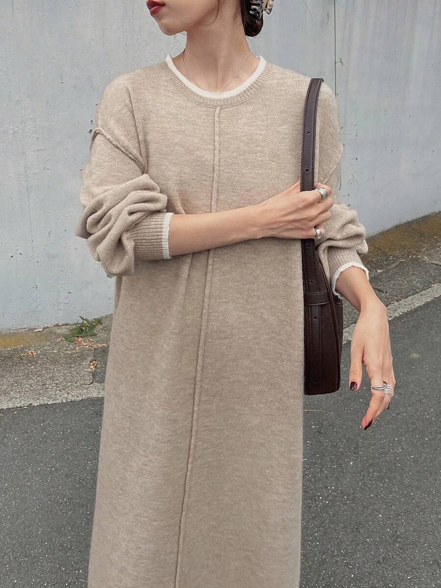 FRIFUL Gaun Rajut Longgar Lengan Panjang Model Leher Bulat dan Bahu Jatuh untuk Wanita (Musim Dingin) - Khaki - View 1