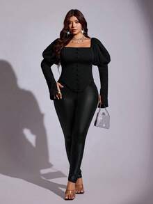 Viva Relle Plus Size Women's Elegant Blouse With Puff Sleeves, Button Decor And Asymmetrical Hem - Black - View 4