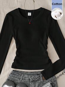 SHEIN 青少年女孩黑色長袖針織T恤，純色，適合秋冬休閒穿著 - 黑色 - 查看 1