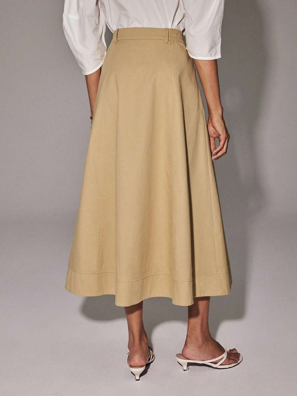 Anewsta Essential New Women's Khaki A-Line Flared Skirt, High Waist Slimming Drape Knee-Length Skirt, Minimalist Commute, Daily And Light Vacation Wear, School Skirt, Beige Skirt