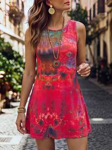 Hansera Sleeveless Waist Cinched Short Printed Dress - Red - View 2