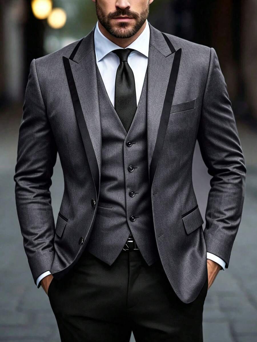 Men's Colorblock Long Sleeve British Business Style Blazer - Dark Grey - View 1