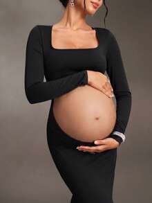 Cheriluna Maternity Maternity Solid Color Cutout Design Long Sleeve Summer Dress - Black - View 5