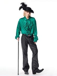 ROMWE MEN Men's Elegant Fashion Striped Ruffle Single-Breasted Shirt - Green - View 8