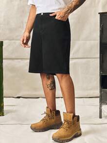 Norleigh Men's Casual Oblique Pocket Solid Black Denim Bermuda Shorts Jorts Cargo Pants - Black - View 1