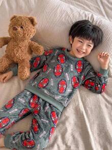 SHEIN 小男孩秋冬圖案印花長袖連帽雙面法蘭絨阻燃家居服2件套 - 彩色 - 查看 5