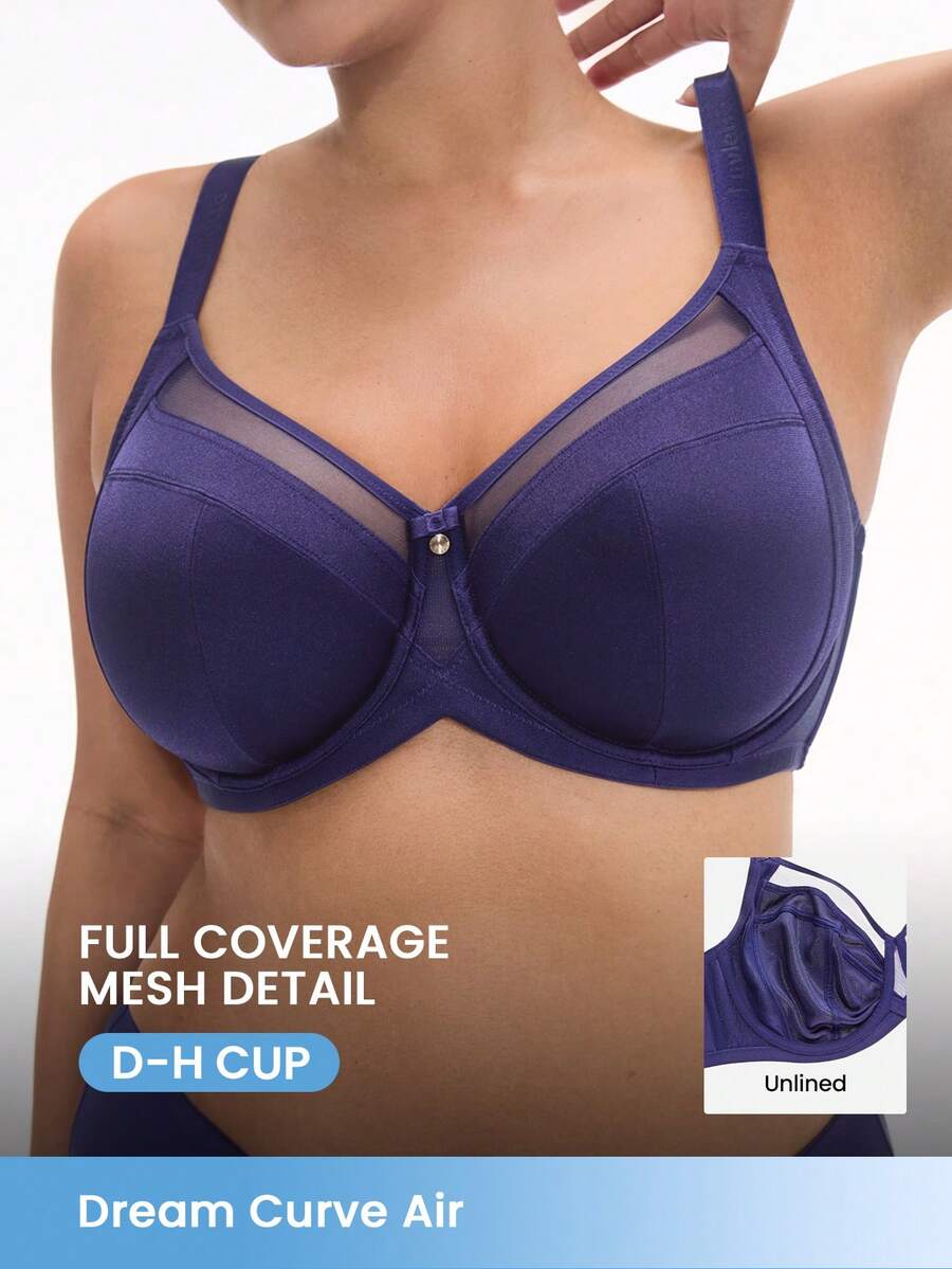 LUVLETTE Plus Curvy Lingerie Unlined Full Coverage Side Support Mesh Sheer Airy Basic Breezy Comfort Minimizer Bra - Dark Grey - View 1