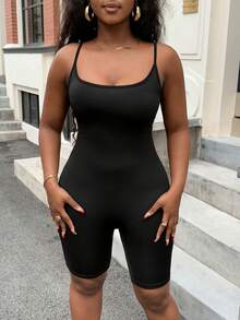 SHEIN EZwear Damen Oversize Schwarzer enger lässiger Romper mit Spaghettiträgern, geeignet für den Sommer - Schwarz - Übersicht 9