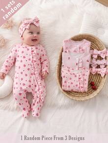 SHEIN Vintaside Kids 3套隨機發送1套，2件裝新生女嬰居家服，可愛草莓愛心櫻花印花女嬰荷葉邊長袖連身連腳褲附髮帶 - 粉色 - 查看 9