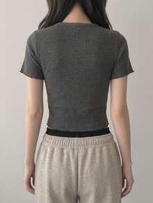 DAZY Women's Fitted Cropped Long Sleeve Ribbed T-Shirt Summer - Grey - View 6