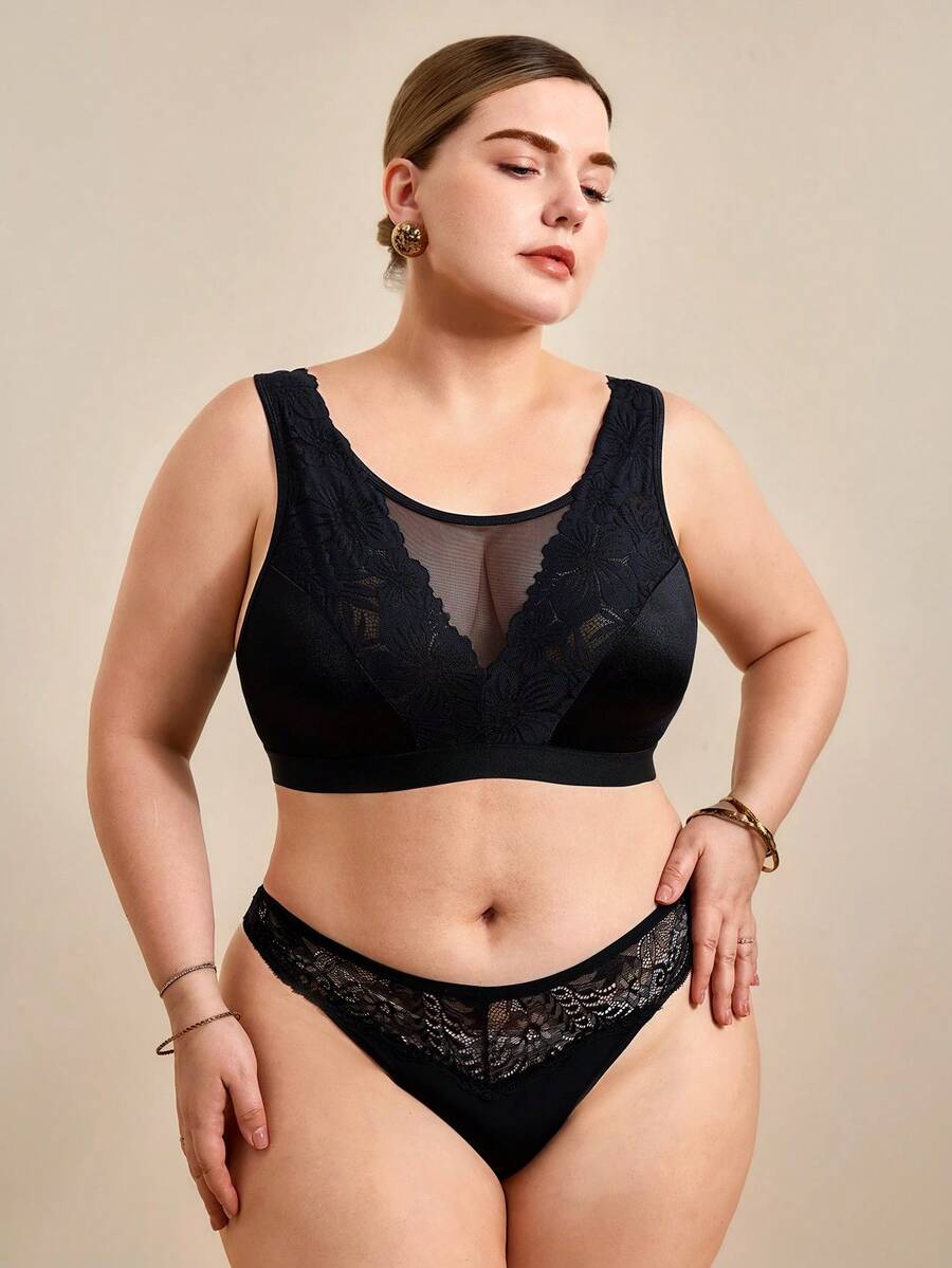 Hourtrue Plus Size Women's Soft Breathable Wireless Lace Bra, Full Coverage Comfortable Solid Color Camisole