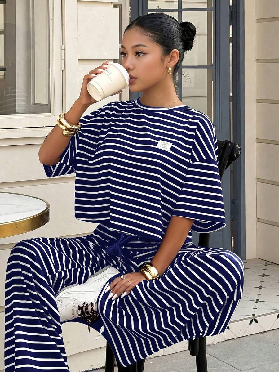 SHEIN Teen Girls Summer New Knit Striped Casual Loose Short Sleeve T-Shirt And Pants Set - Navy Blue - View 1