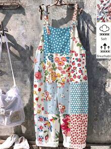 EMERY ROSE Plus Size Loose Retro Patchwork Print Bib Pants, Suitable For Holiday, Beach Wear In Summer, Vintage Casual Countryside Outfit For Women - Multicolor - View 1