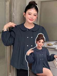 Dazy Plus 彼得潘領格紋休閒韓系學院風短袖大尺碼女款春夏藍色襯衫可愛上衣 - 藏蓝色 - 查看 9