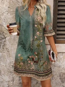 SHEIN Clasi 女款短洋裝，花卉飾邊，優雅田園風花紋，鄉村音樂會穿搭 - 彩色 - 查看 3