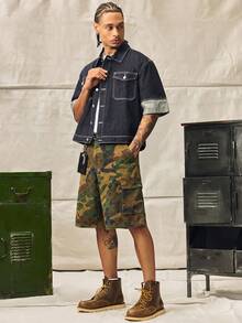 Men's Summer Camouflage Diamond Crochet Cargo Denim Shorts, Loose Wide Leg - Army Green - View 4