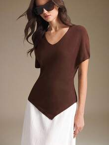 Ontre 2026 New Summer Women's Fitted Waist Dark Brown Batwing Sleeve Knit Sweater Top, V-Neck Asymmetrical Hem With Side Slit, Casual Commute Urban Modern Minimalist Elegant Tea Party Independence Day Old Money Style Teacher Outfit Office Wear Holiday Outfit Vacation Date Outing Fashion Versatile Women's Sweater - Brown - View 4